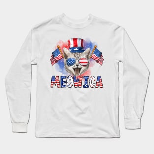 Meowica Cat American Flag Sunglusses 4th of July Men Women Long Sleeve T-Shirt